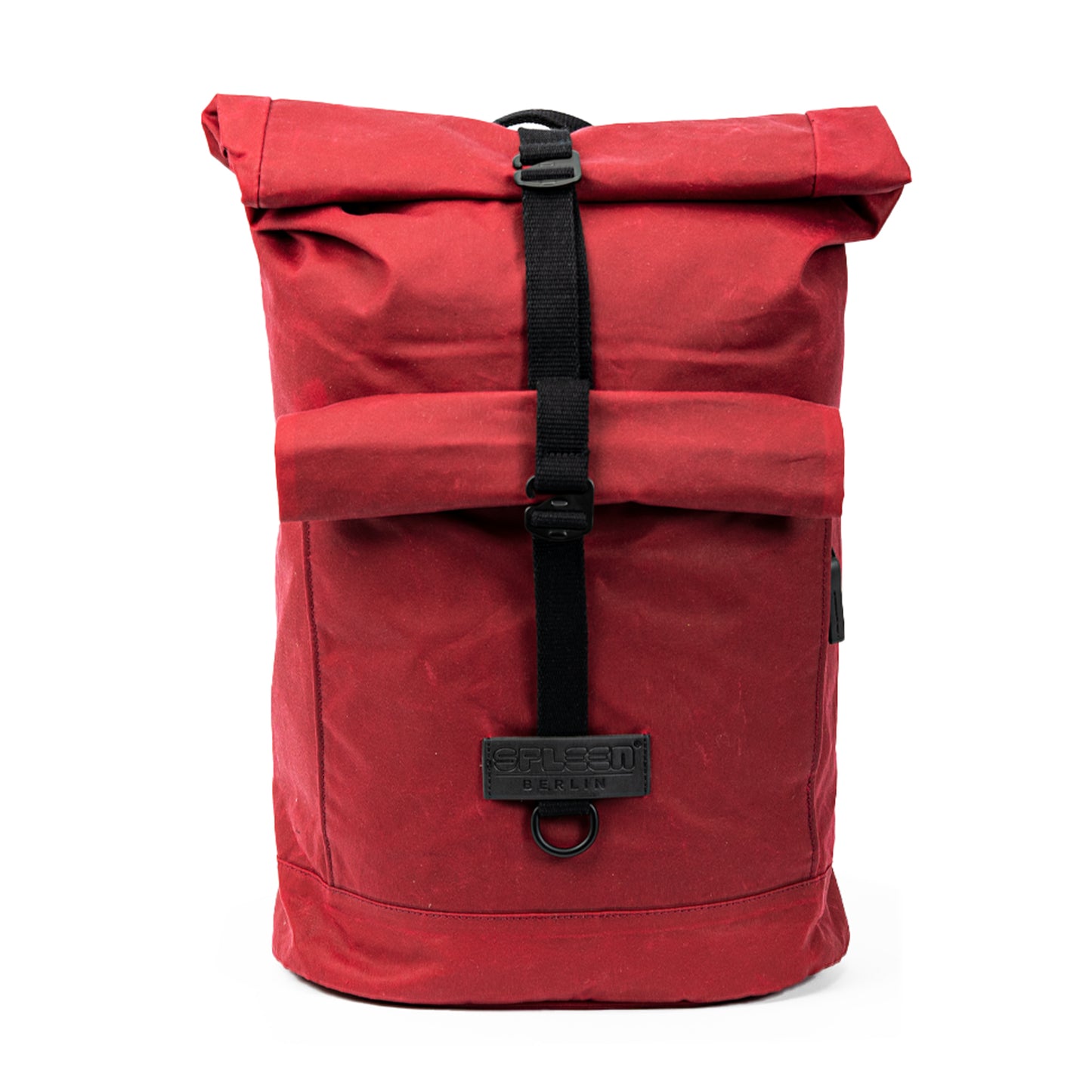 Vorderansicht des Bob - Waxed•
 Cotton in Rot•
 mit aufgesetzter Rolltasche und Reißverschluss  urbaner, veganer Rucksack ausrecyelter Baumwolle sojawaxed. ©Spleen Berlin