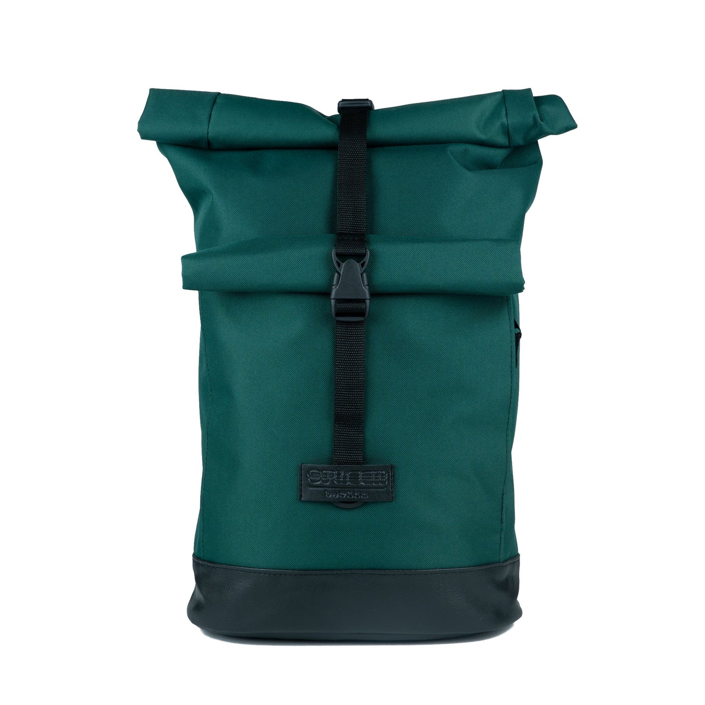 BOB Fahrradrucksack in British Green von Spleen Berlin Vorderansicht mit aufgesetzter Rolltoptasche der 2-in-1 Fahrradtasche und Rucksack im urbanen Design. ©Spleen Berlin