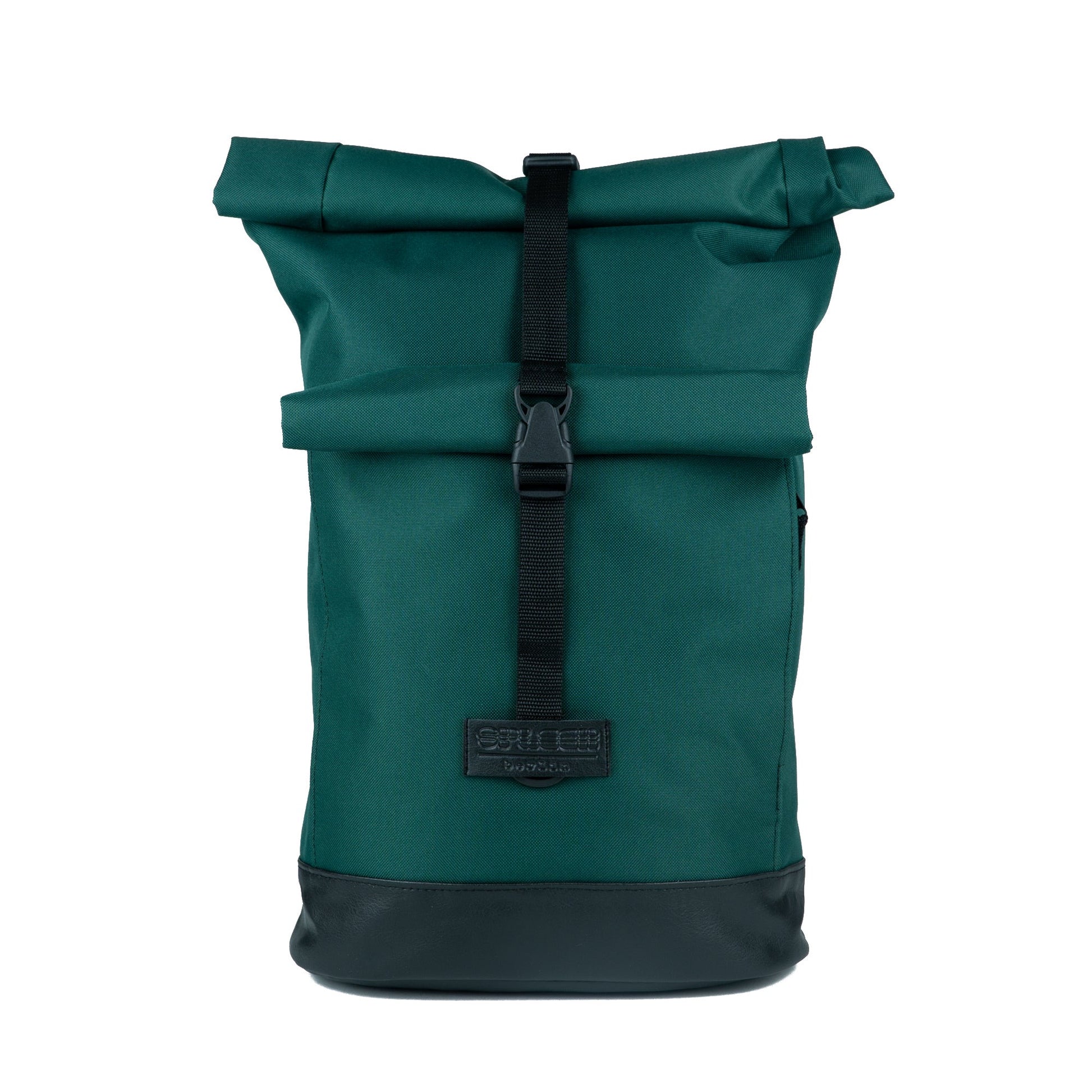 BOB Fahrradrucksack in British Green von Spleen Berlin Vorderansicht mit aufgesetzter Rolltoptasche der 2-in-1 Fahrradtasche und Rucksack im urbanen Design. ©Spleen Berlin